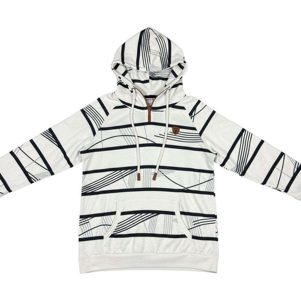 Wanakome Women's Hoodie Large White Black Abstract Stripe Half Zip Pullover
